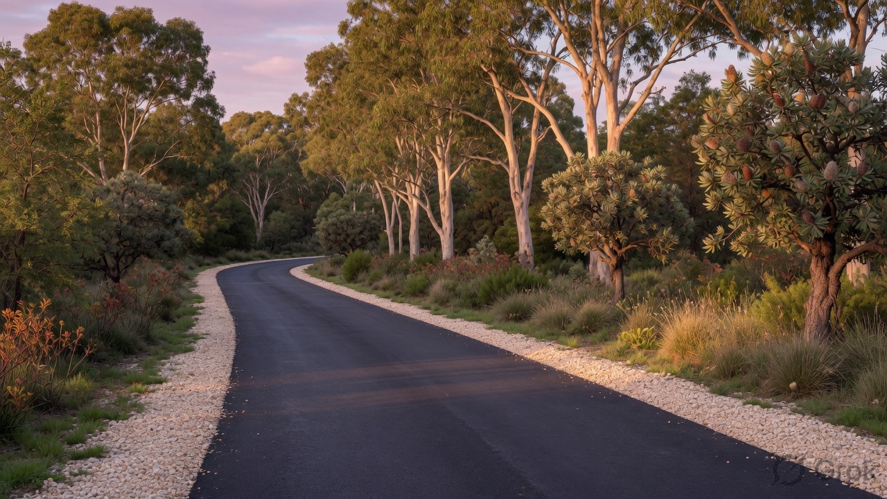 Asphalt driveway through woodland