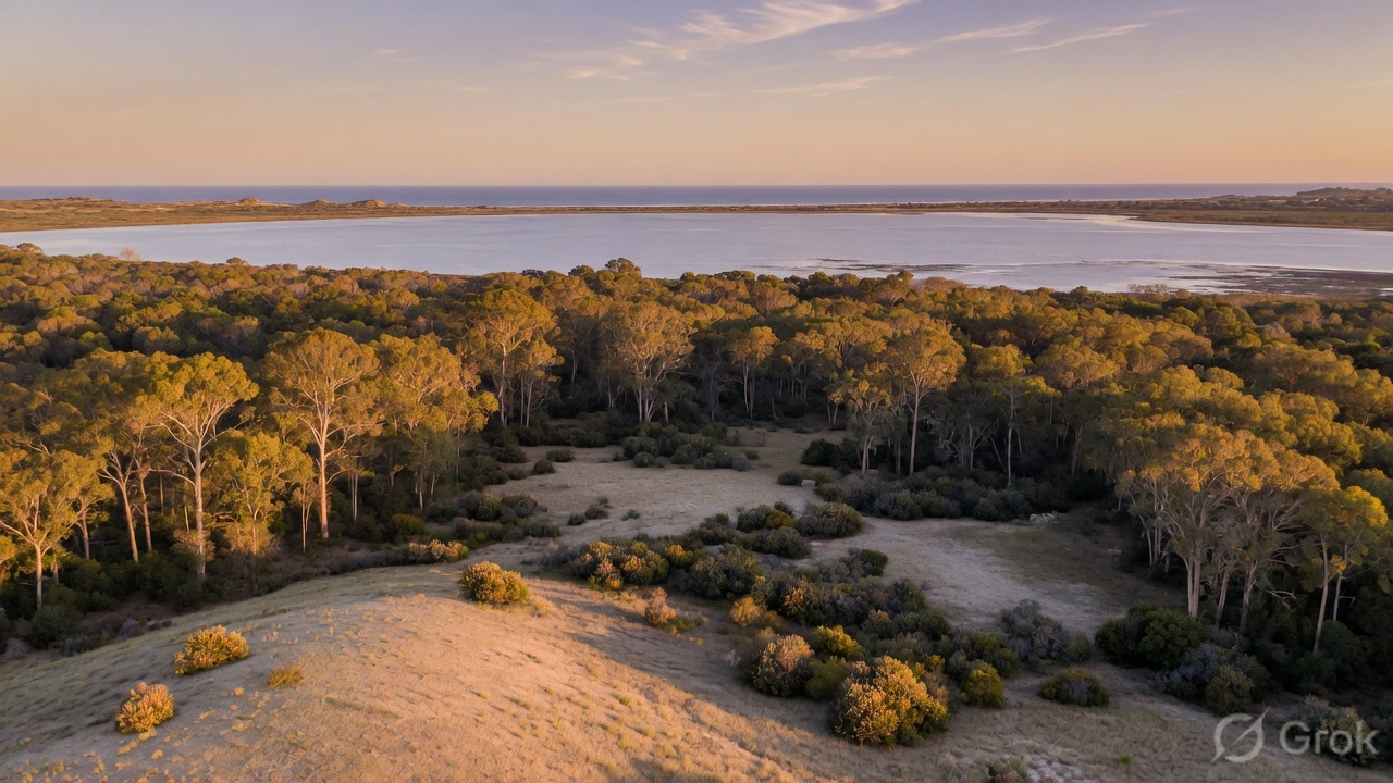 Elevated rural woodland with distant estuary water, Herron WA